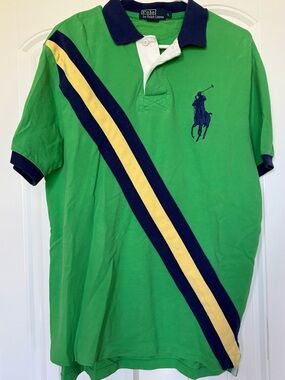 Ralph Lauren Green Polo with Navy & Yellow Diagonal Stripes